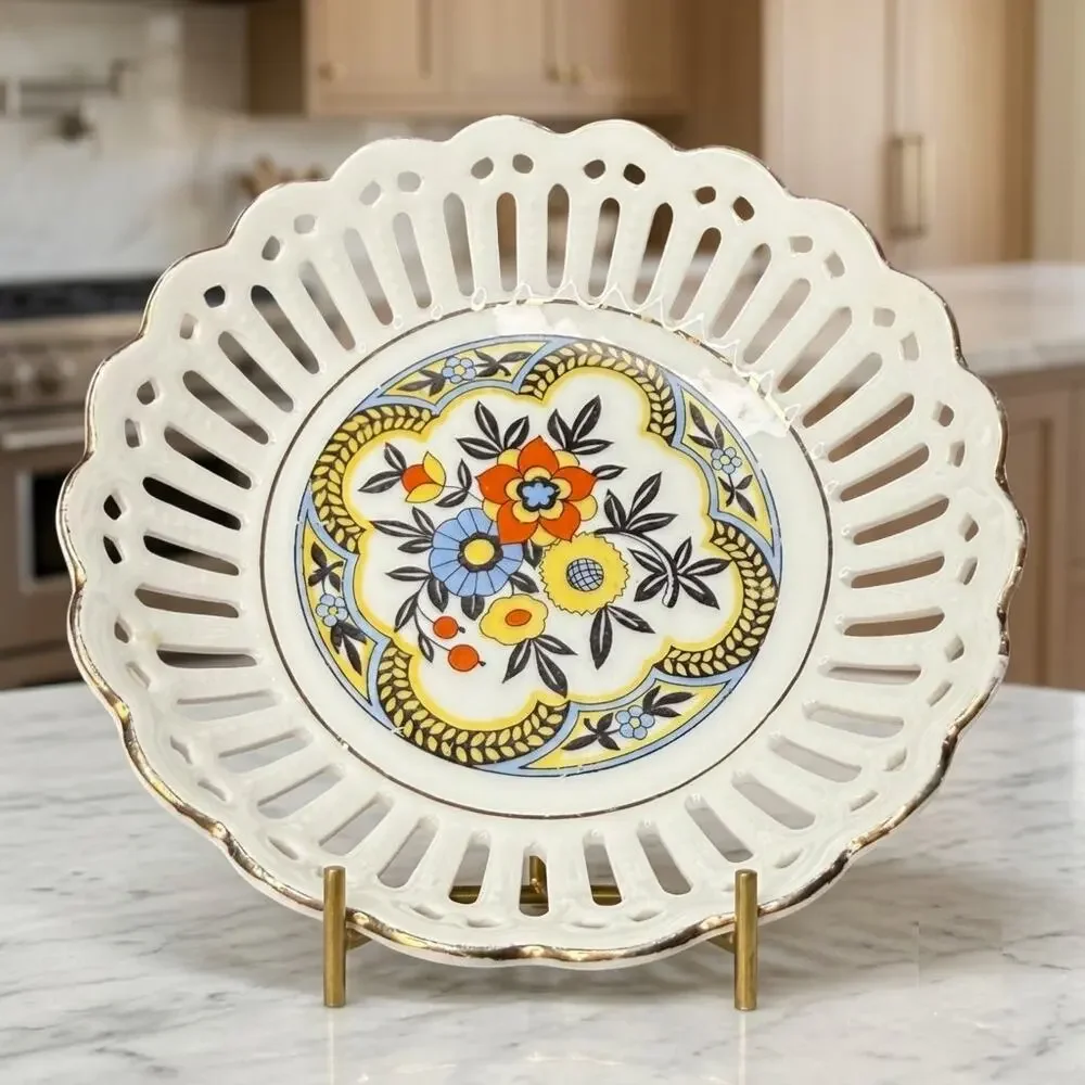 Vintage Germany Reticulated Lattice Floral Bowl Gold Trim Art Deco 5 Inch